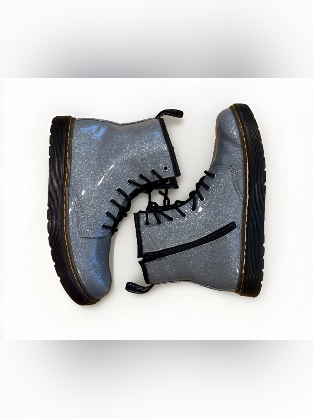 Dr. Martens Zavala J Silver Glitter Combat Boots Kids Size 4 Women's 5 Like New